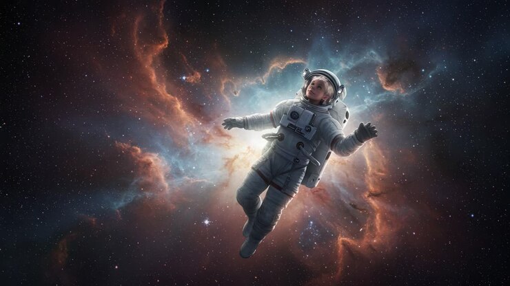 A serene journey through the cosmos, an astronaut floats gracefully in the depths of space, surrounded by vibrant nebulae and the vast expanse of the universe