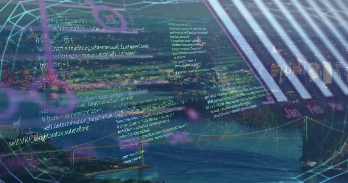 Animation of financial data processing over cityscape