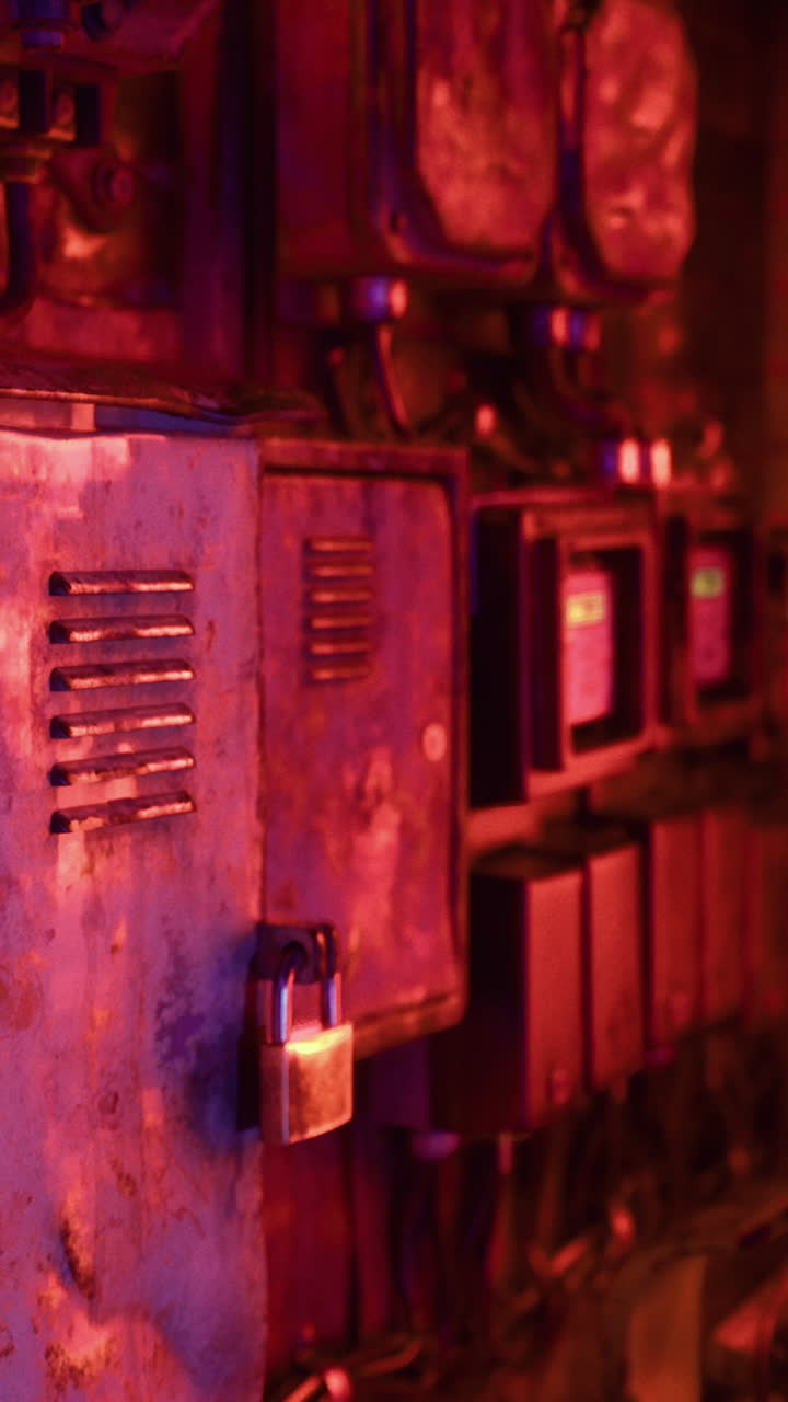Lighting effects on industrial machinery in a dimly lit warehouse