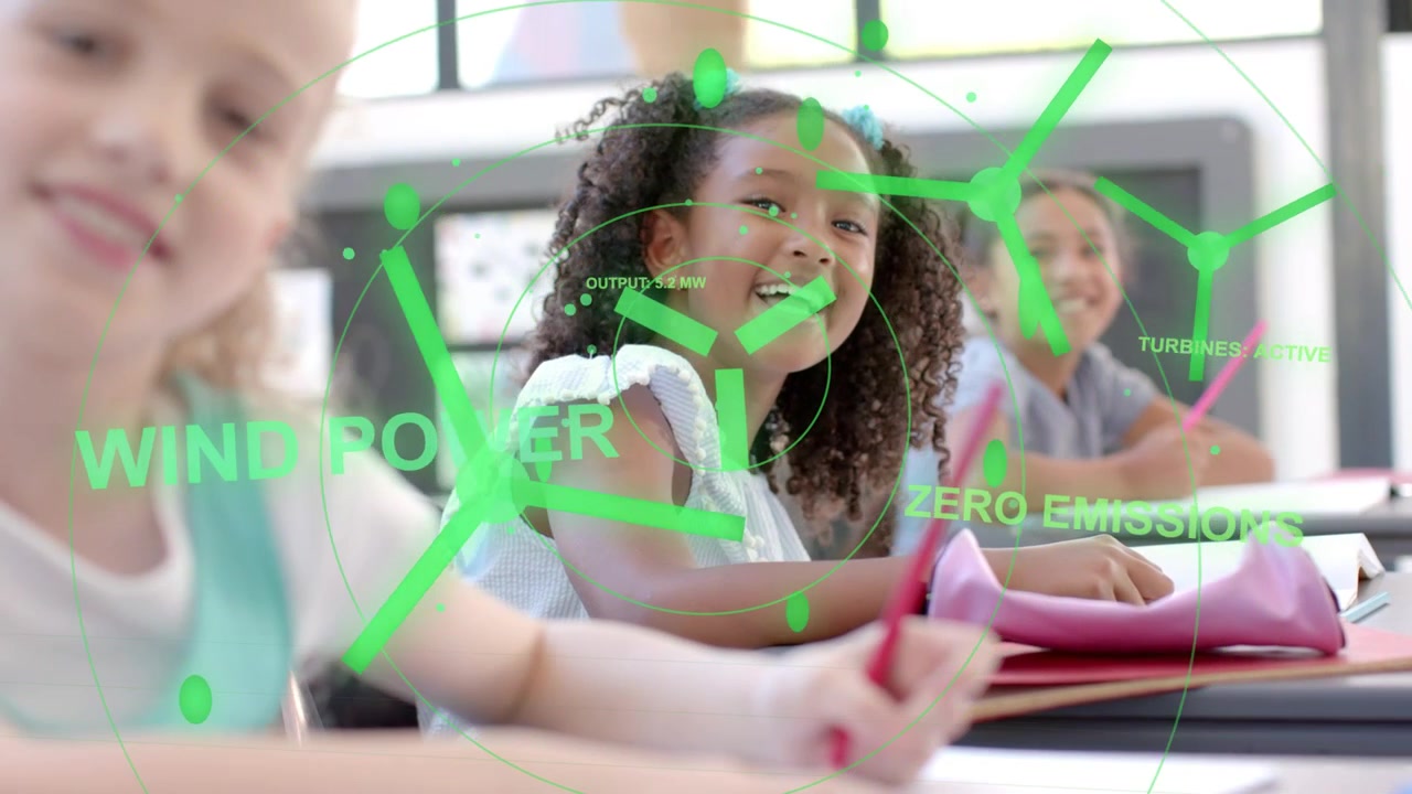 Curly-haired student writing in education space, green HUD overlaying and showing zero emissions