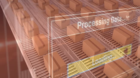 animation of data processing over cardboard boxes on conveyor belts