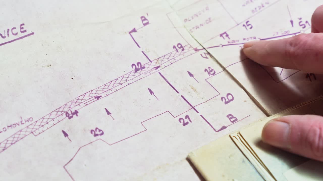 Un dedo toca un antiguo y detallado diagrama de planos que muestra los planes de desarrollo