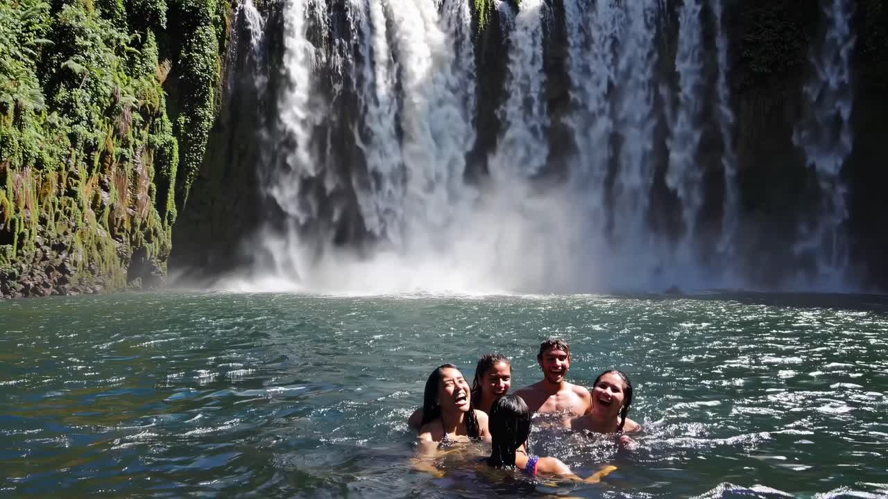 Friends Swimming at Waterfall
