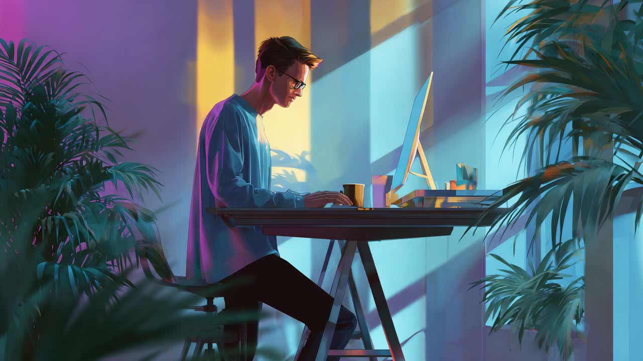 Young man deeply focused on his work at a modern desk, illuminated by soft, colorful light filtering through windows, surrounded by lush indoor plants creating a serene and productive atmosphere