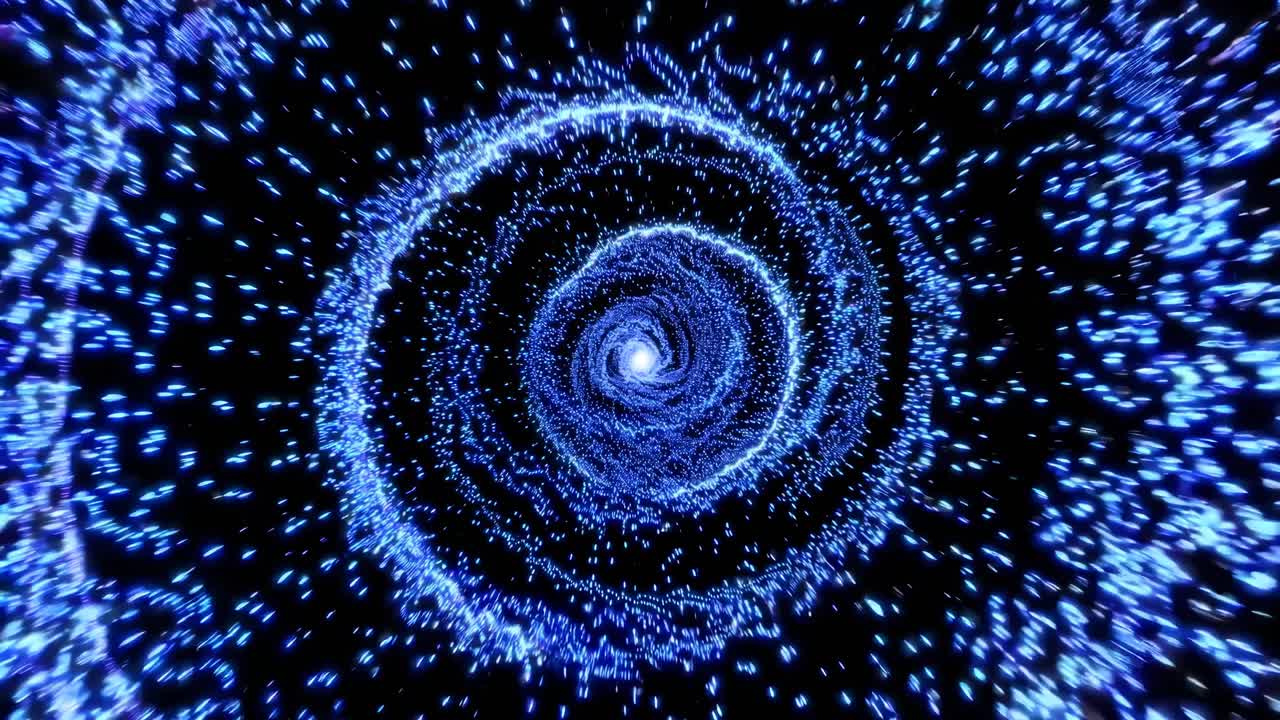 A mesmerizing spiral of blue lights in a tunnel effect, captured from a central angle