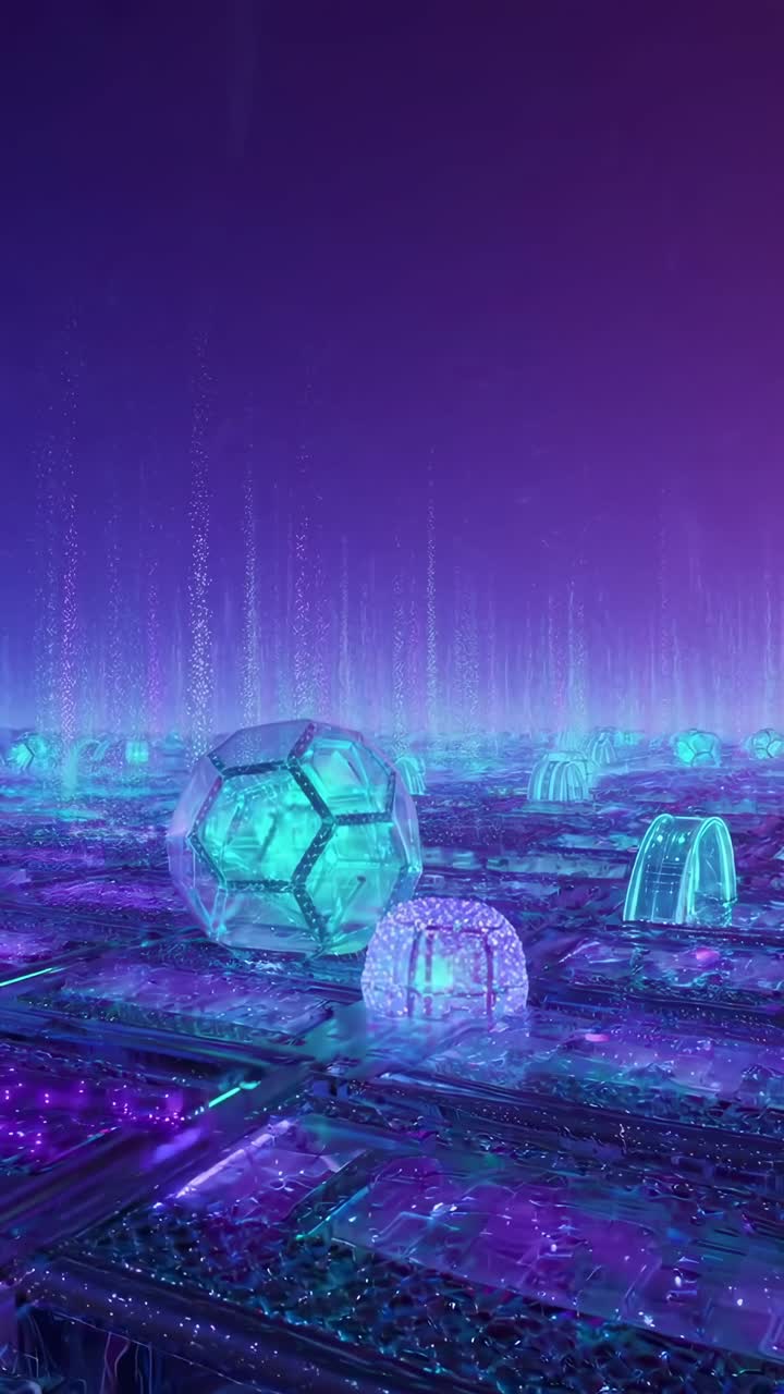 Futuristic cityscape video with neon lights, captured from a low angle, showcasing glowing