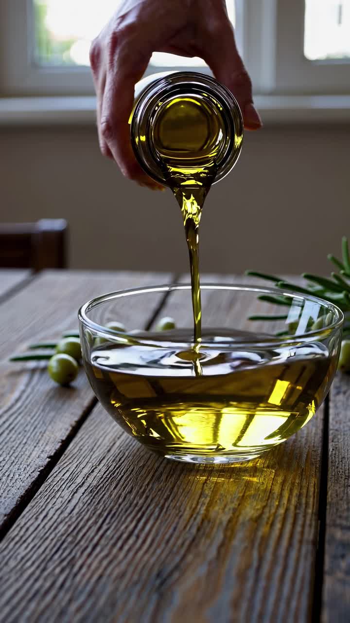 Close-up video of olive oil being poured into a glass bowl on a rustic wooden table