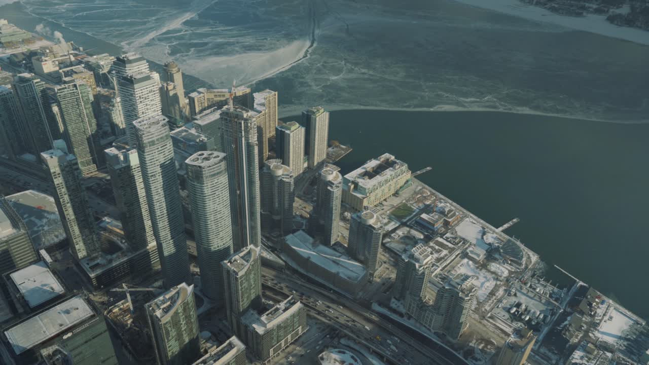 Aerial view of downtown Toronto on a cold winter afternoon during a winter deep freeze