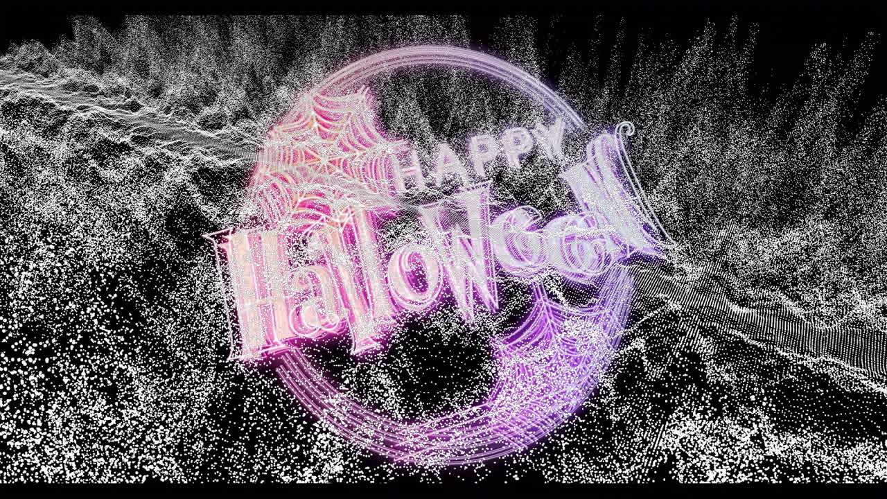 Stilisert «Happy Halloween»-tekst som animeres på svart, og viser en neonfarget gradientramme og spindelvevmotiver