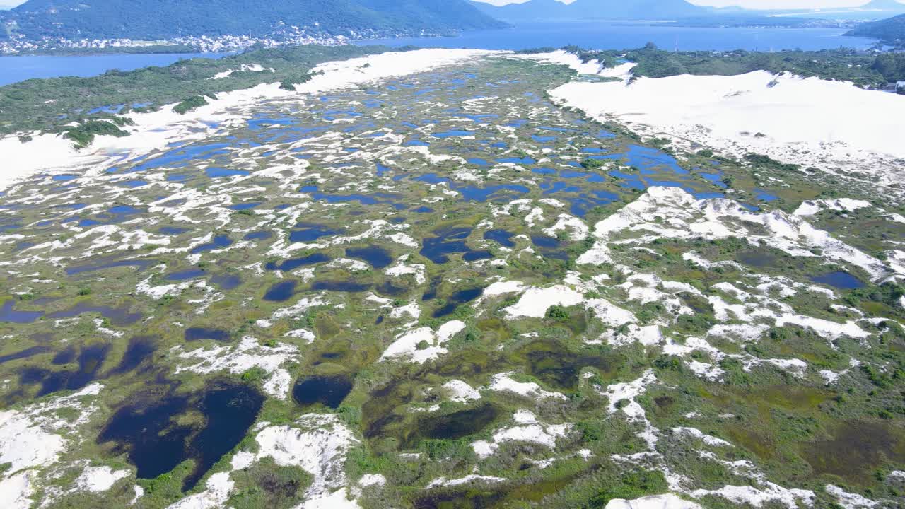 Aerial view of the Municipal Natural Park of the Dunes of Lagoa da Conceição and Joaquina Beach, a conservation unit in Florianópolis, Santa Catarina. Dune fields, restinga vegetation, ecological