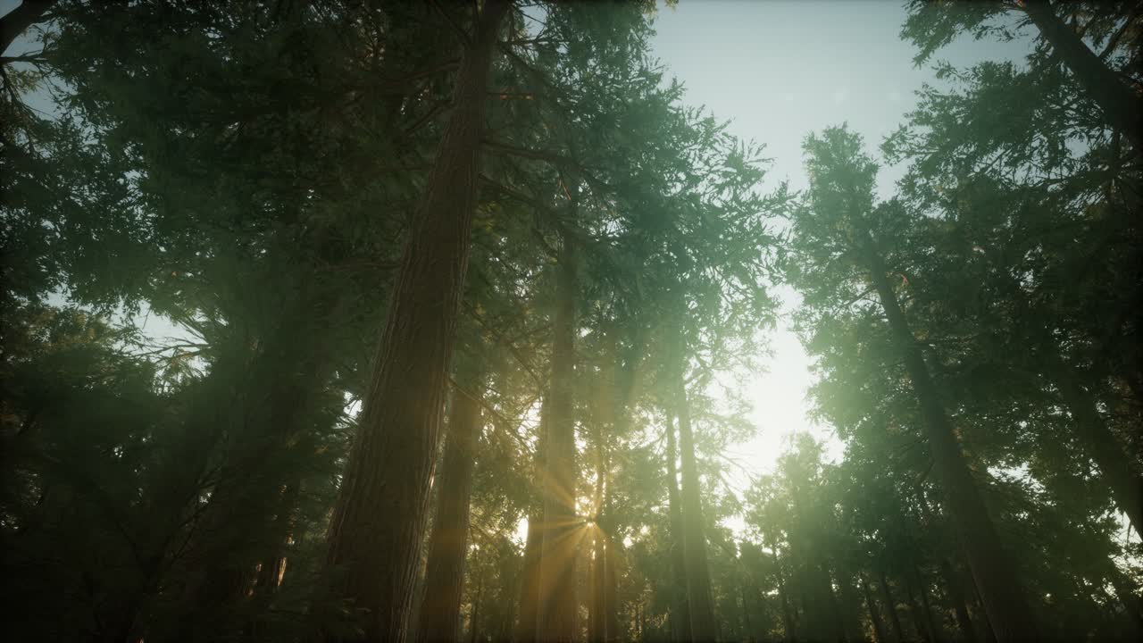 paisaje de puesta de sol brumosa del bosque de secuoya