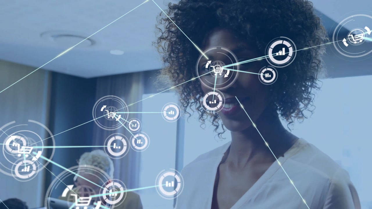Woman tapping tablet and activating glowing shopping cart network for visualizing commerce data