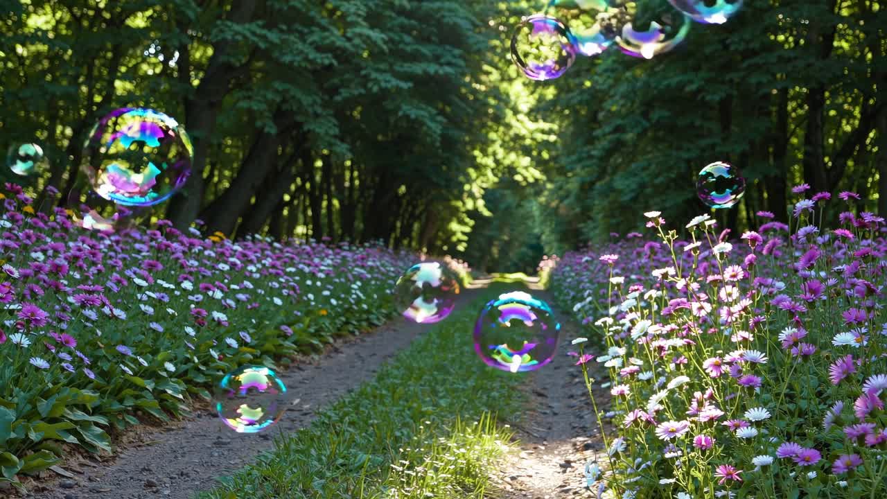 A whimsical video scene with colorful bubbles floating over a dirt path lined with pink flowers