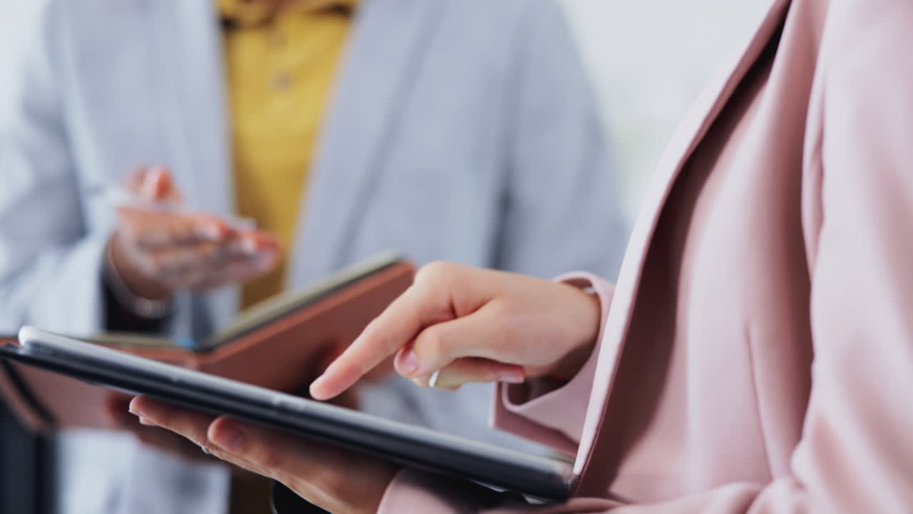 Tablet, teamwork and hands of business woman