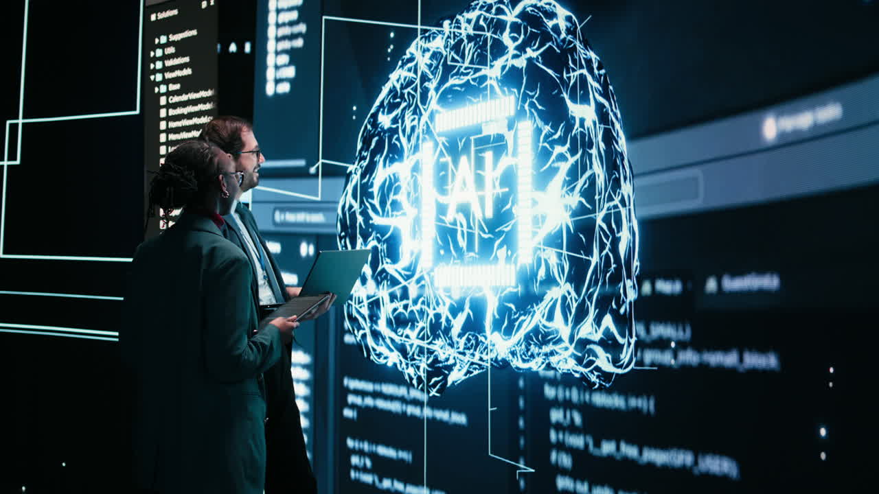 Business People Discussing AI Brain Hologram on Large Digital Screen