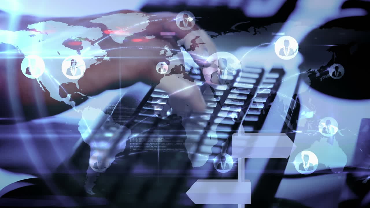 animación de la red de conexiones con iconos sobre la persona que usa el teclado de la computadora