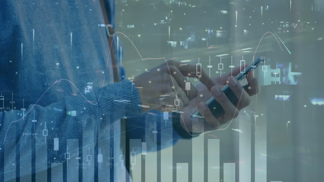 animación de estadísticas y procesamiento de datos financieros sobre el hombre utilizando teléfonos inteligentes