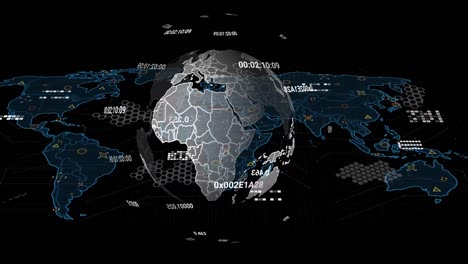 Animation-of-data-processing-with-world-map-and-globe-on-black-background