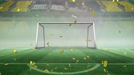 Digital-animation-of-golden-confetti-falling-against-soccer-stadium-in-background