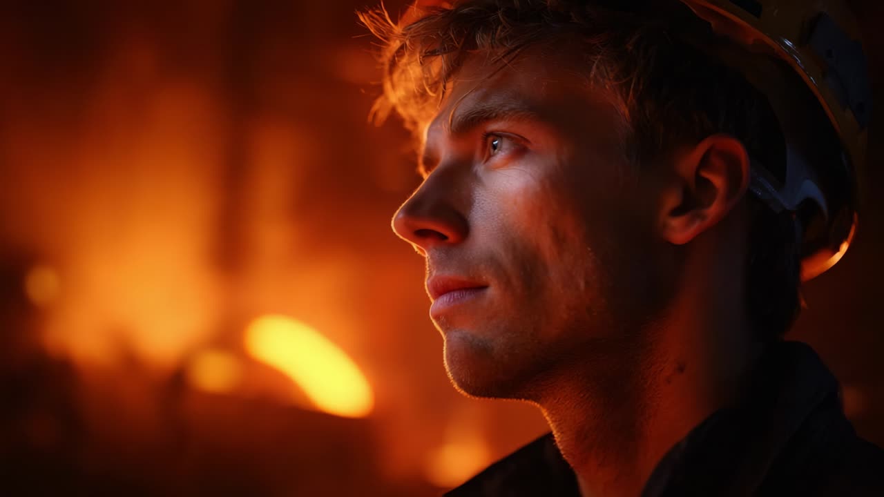 A Determined Worker Faces Challenges with Resilience: Captivating Portrait of an Individual in a Fiery Industrial Setting, Highlighting Perseverance and Focus Amidst Harsh Conditions