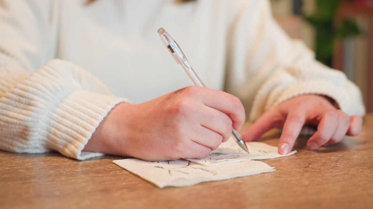 Close up of person hand in white sweater sketching casually with pen on soft tissue paper resting on wooden table surface with warm natural lighting and subtle artistic intention