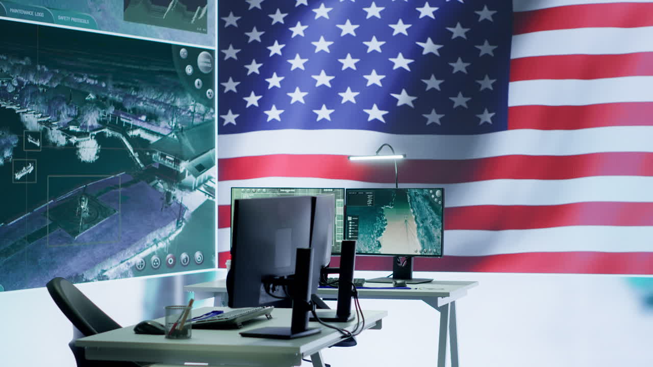 centro de operaciones vacío con una bandera estadounidense trabajando en la seguridad nacional