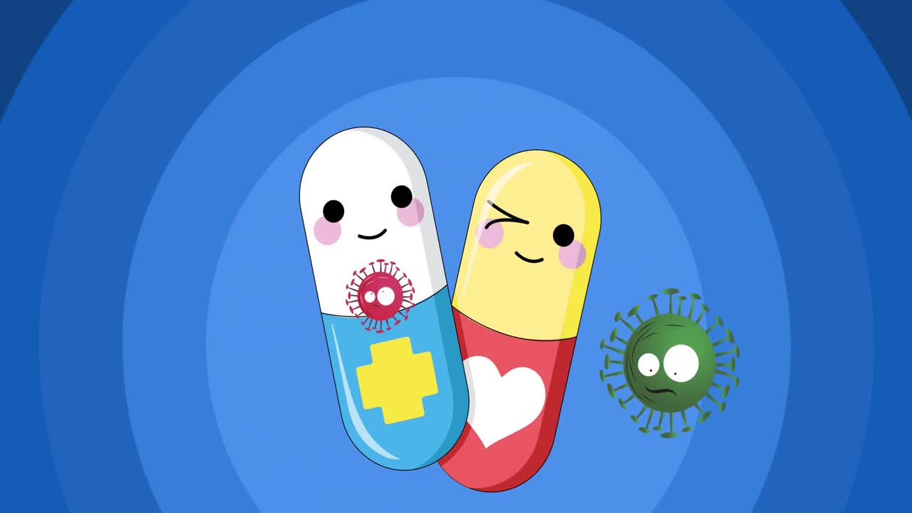 Animation of virus cells and smiling pills on blue background