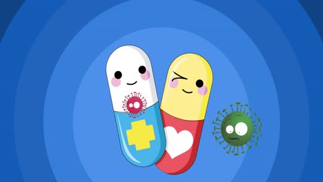 파란색 배경에 바이러스 세포와 미소 짓는 알약의 애니메이션
