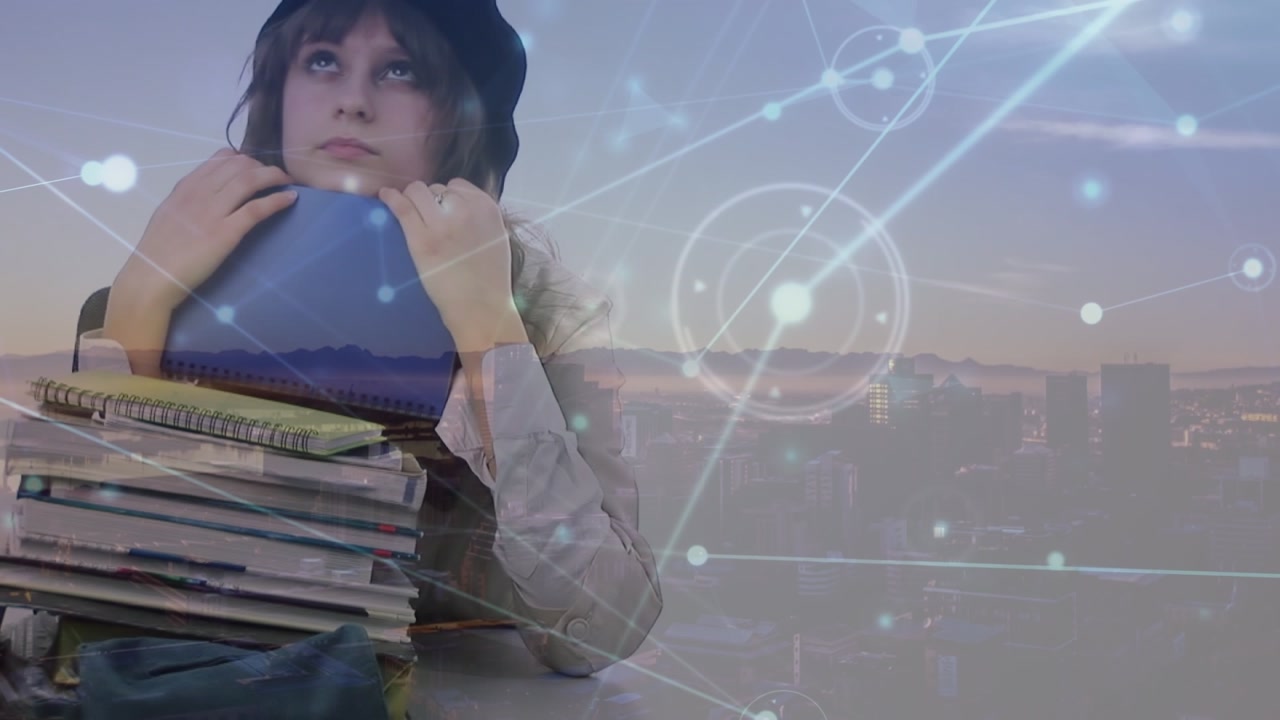 Animation of network of connections and cityscape over caucasian female student