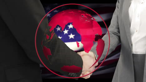 animación del globo sobre la bandera estadounidense y el apretón de manos de un hombre de negocios