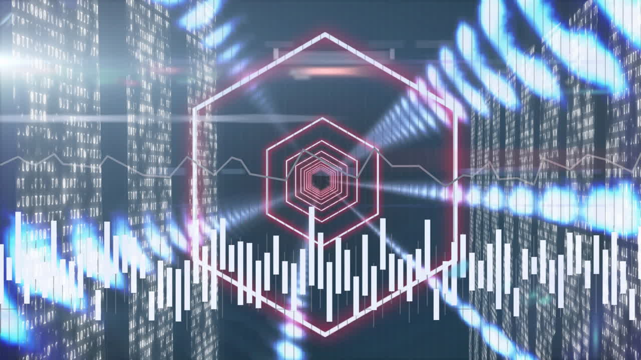 Digital data processing animation over futuristic server room with glowing lights