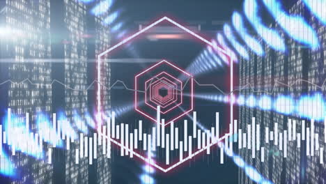 digital data processing animation over futuristic server room with glowing lights