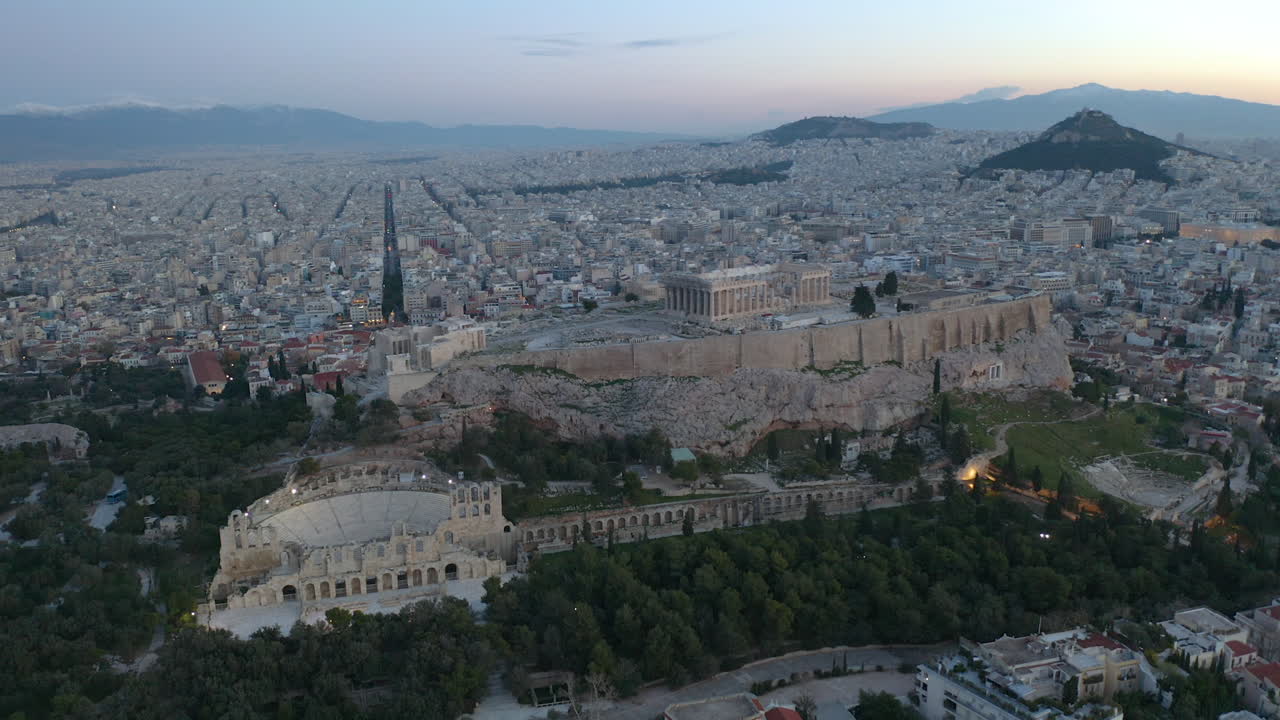 Overhead Aerial View of Ancient Greece in Athens at Dawn