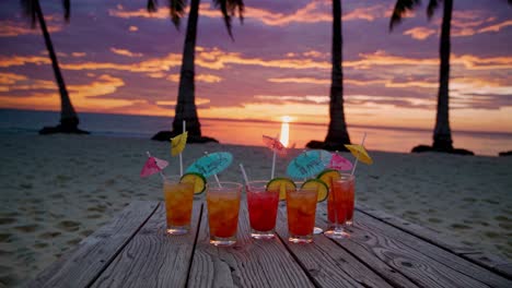 sunset beach video scene with colorful cocktails on a wooden table