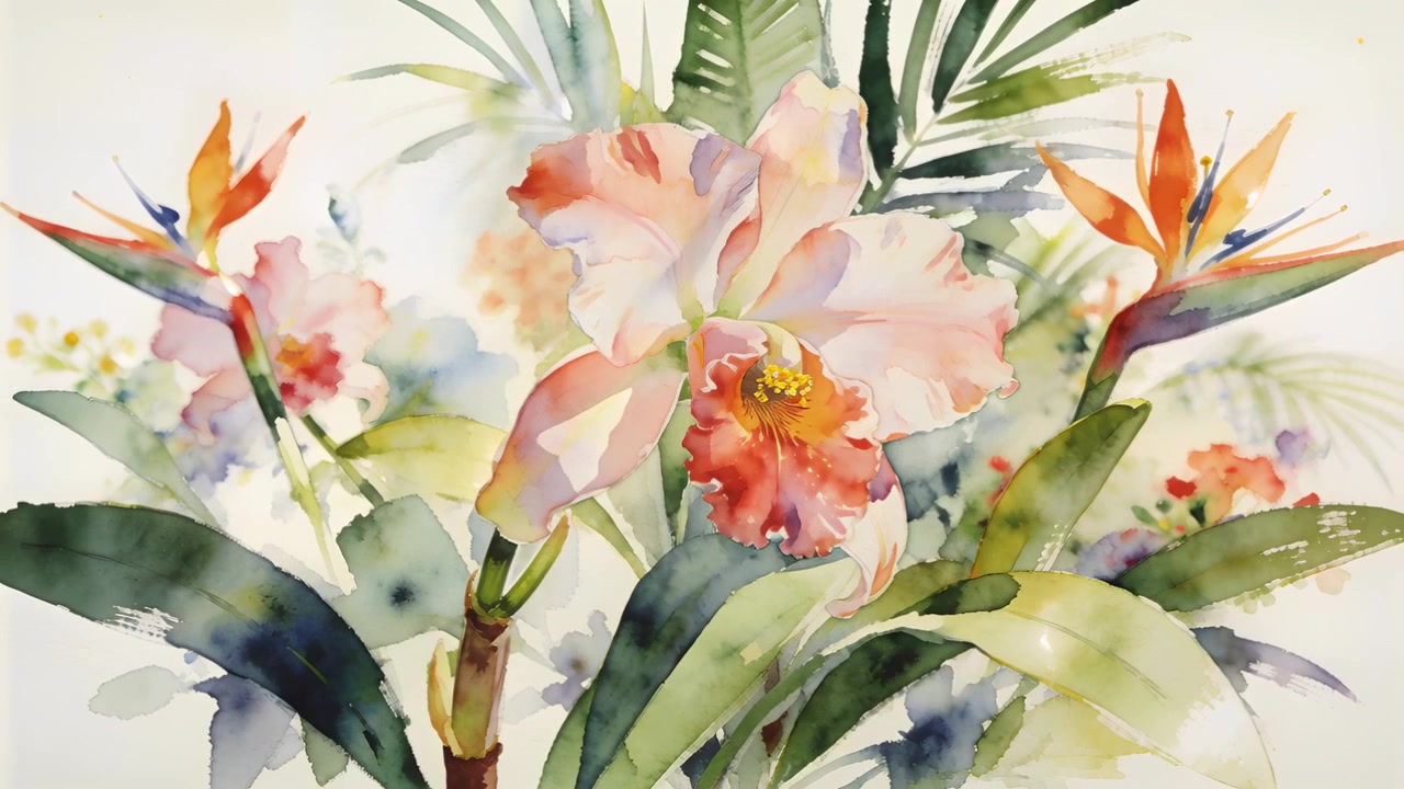 Telecamera che si allontana rivelando un'orchidea rosa e un fiore di strelitzia su carta testurizzata in studio, mostrando arte.