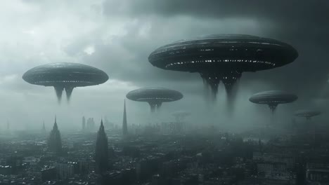 alien spaceships hover over a city during a storm