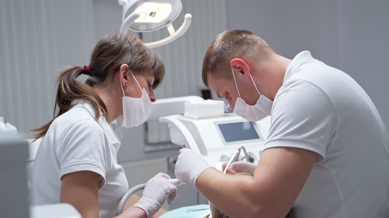 Dentist in mask and latex gloves using tools in the mouth of female patient. Nurse holding a tube standing close.