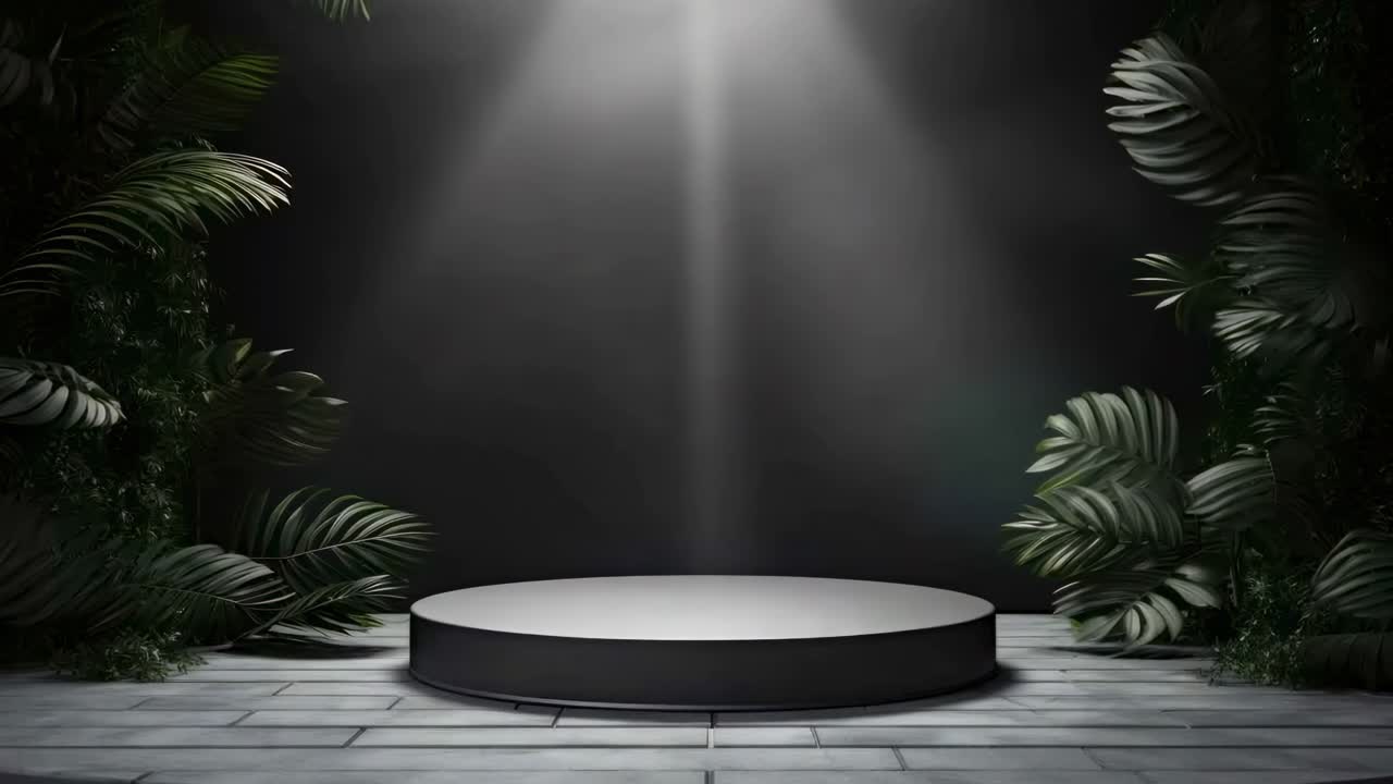 A dramatic video scene with a low-angle view of a spotlighted circular stage, surrounded by lush