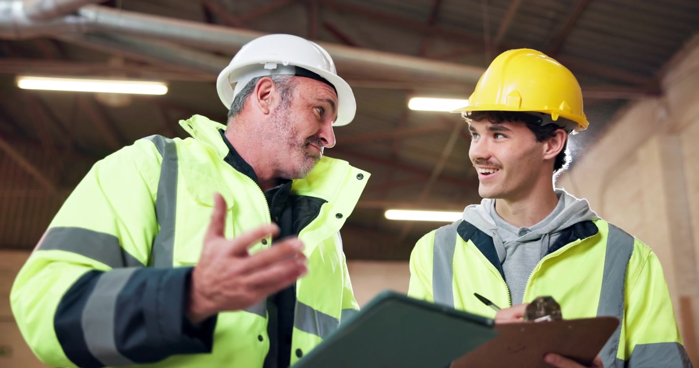 Construction Workers Discussing Project Plans on Tablet in Warehouse