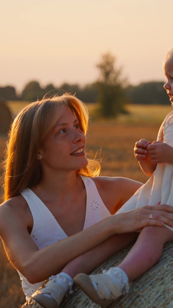Mutter und junge Tochter sitzen bei Sonnenuntergang auf einem Heuballen.