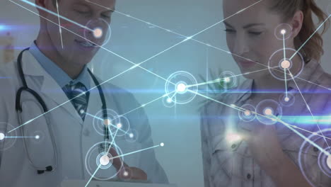 discussing patient care, medical professionals with data processing animation