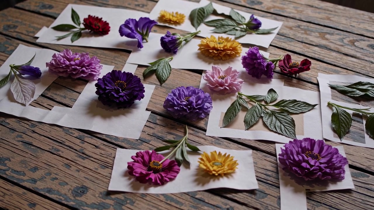Flores y hojas coloridas dispuestas sobre papel en una mesa de madera rústica
