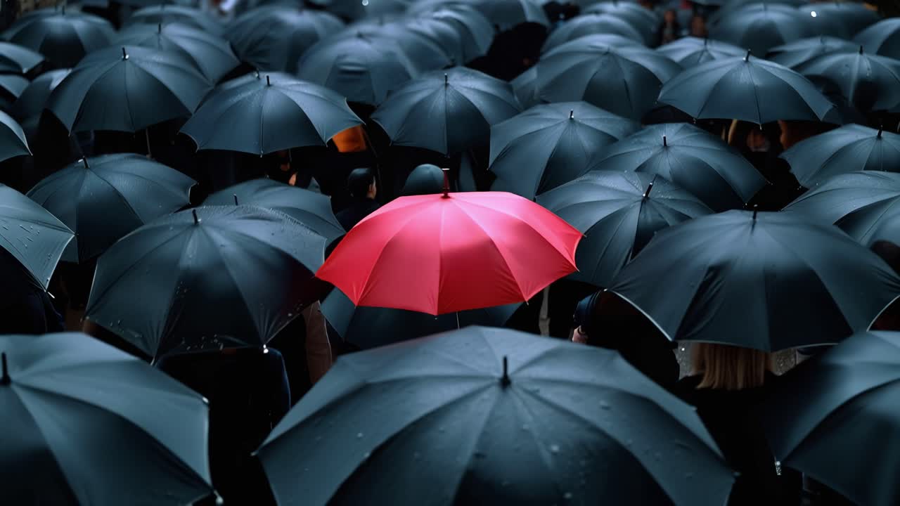 Strada piovosa, ombrelli scuri si affollano. Un singolo ombrello rosso spicca tra il grigio. Le goccioline d'acqua aderiscono alle superfici curve degli ombrelli. Le persone camminano in silenzio, protette dal diluvio.