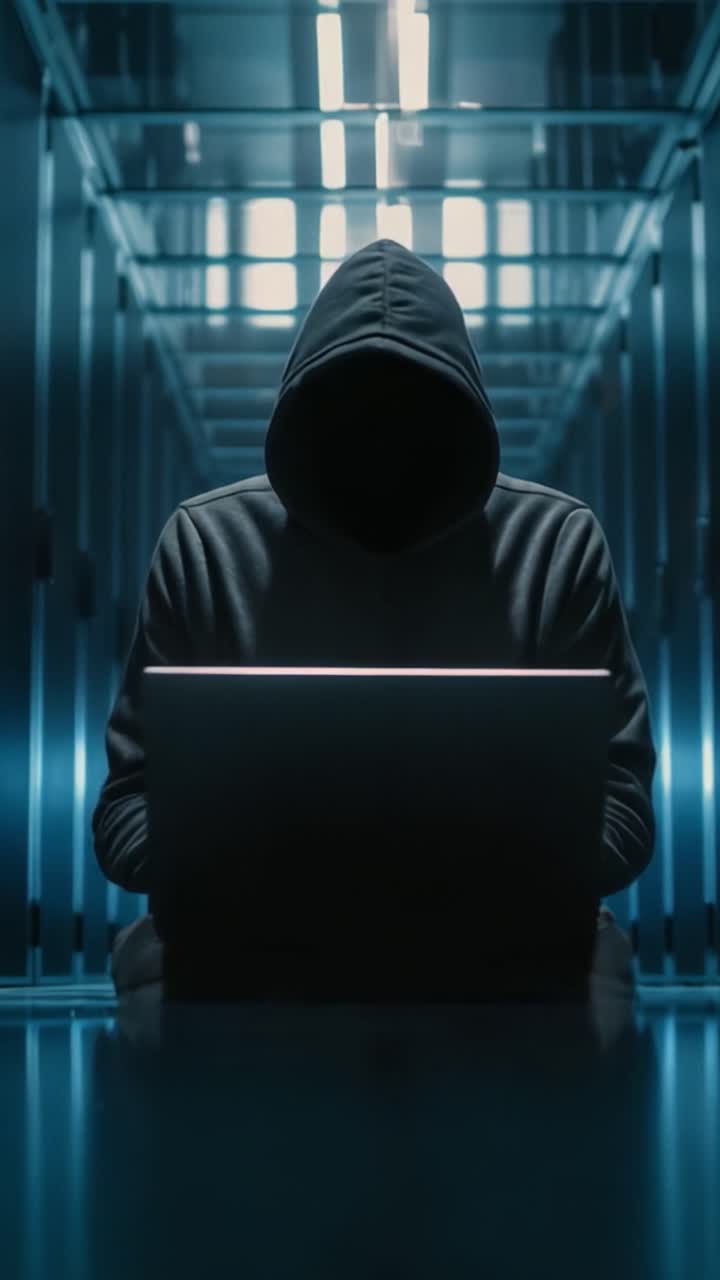 En mystisk figur i et mørkt rum oplyser en laptopskærm, hvilket fremhæver den uhyggelige atmosfære og intense fokus på cyberaktiviteter