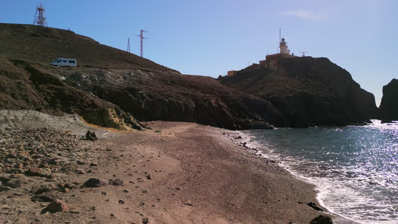 Lighthouse on Rocky Cliff Overlooking Serene Beach and Sparkling Sea