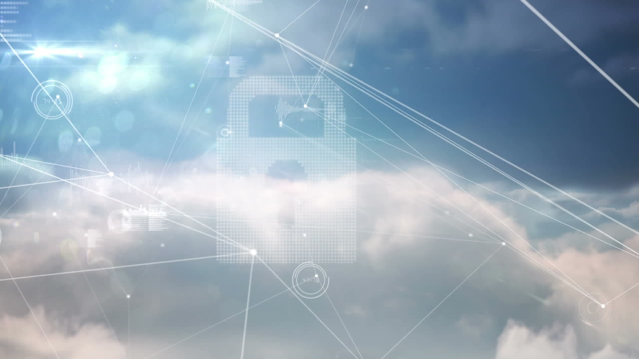 Digital animation of network of connections over security padlock icon against clouds in blue sky