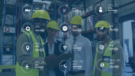 reviewing plans with digital data analytics animation, construction workers collaborating