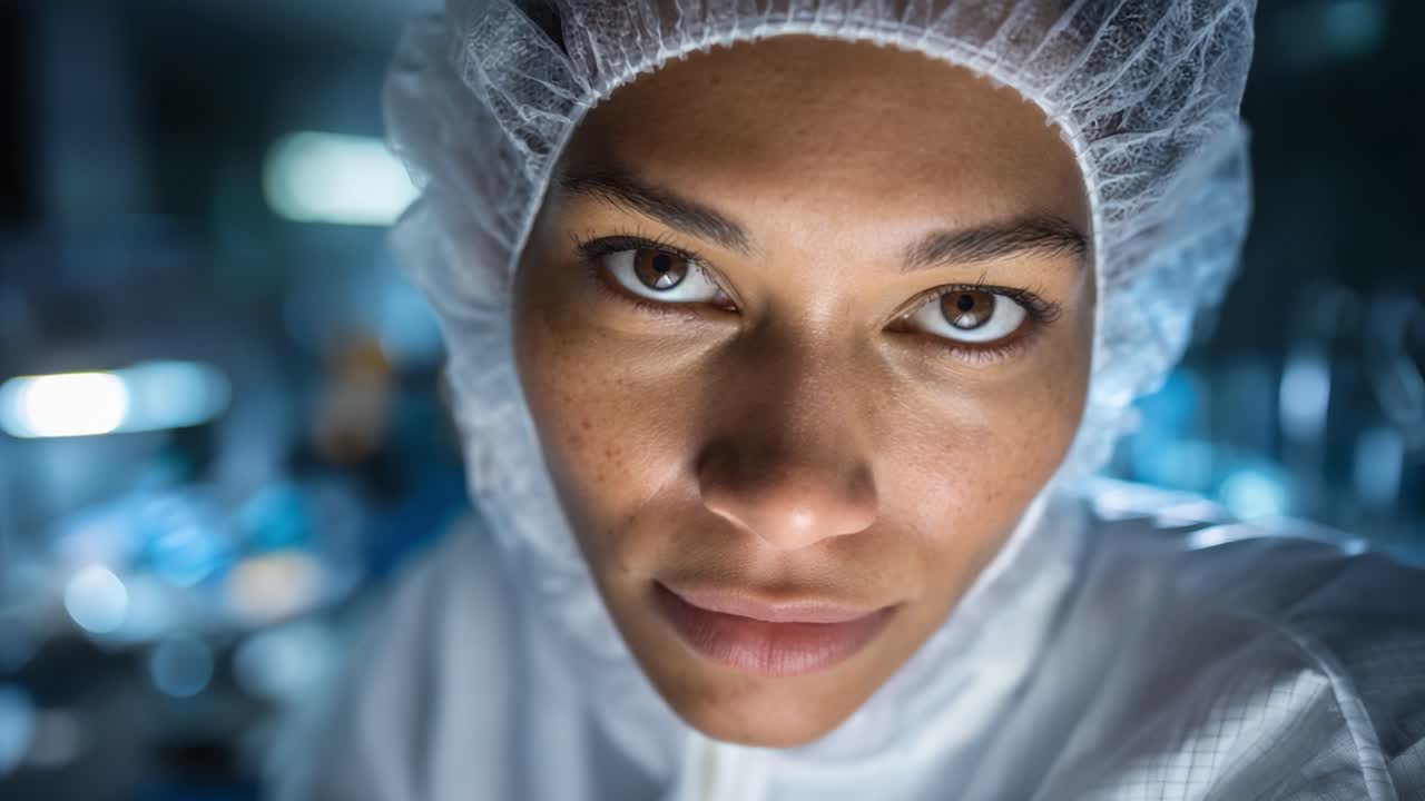 Nærbillede af en kvindelig forsker i beskyttelsesdragt, der udviser fokus og beslutsomhed i et laboratoriemiljø med avanceret videnskabeligt udstyr og teknologi