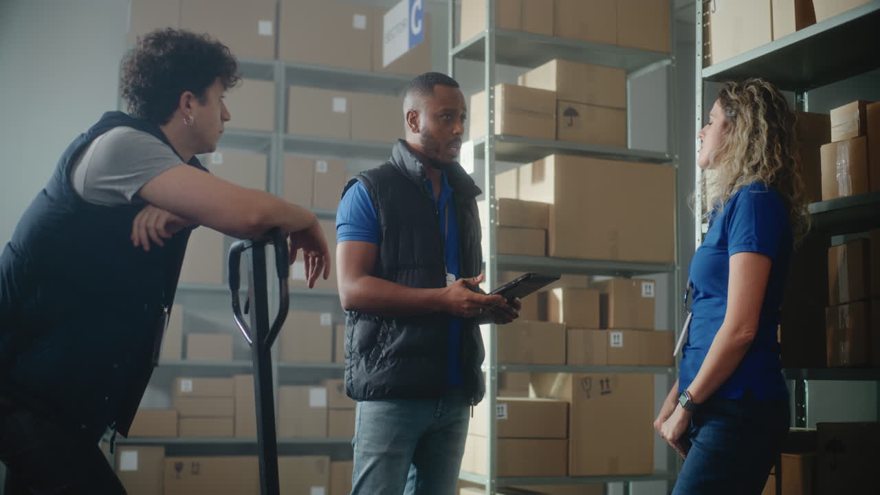 Multiethnic Warehouse Employees African American Logistics Coordinator Gives Instructions Multiethnic Warehouse Employees Working in Sorting Center of Delivery Service or Online Store African American Logistics Coordinator Uses Tablet Computer Talks to Colleagues Gives Instructions