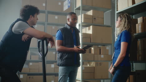 multiethnic warehouse employees african american logistics coordinator gives instructions multiethnic warehouse employees working in sorting center of delivery service or online store african american logistics coordinator uses tablet computer talks to colleagues gives instructions